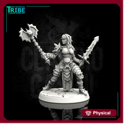 (0007) Female human elf half-orc tiefling barbarian with sword and axe - Only-Games