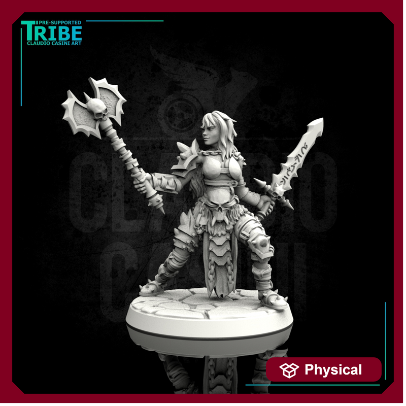 (0007) Female human elf half-orc tiefling barbarian with sword and axe - Only-Games