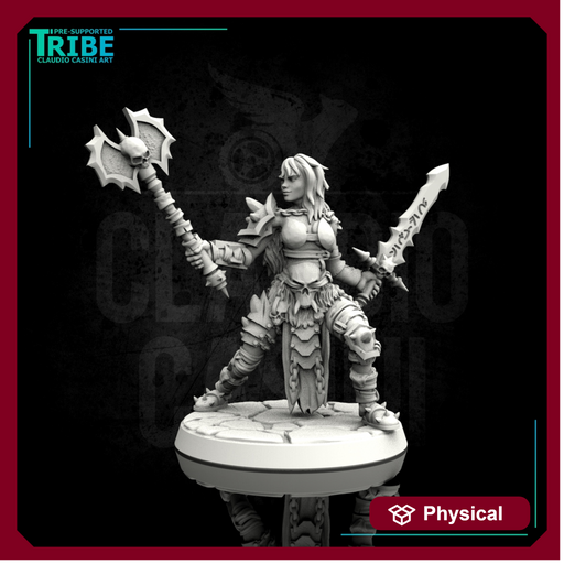 (0007) Female human elf half-orc tiefling barbarian with sword and axe - Only-Games