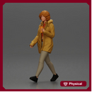 Woman walks sipping takeout drink wearing parka sweater leggings sneakers