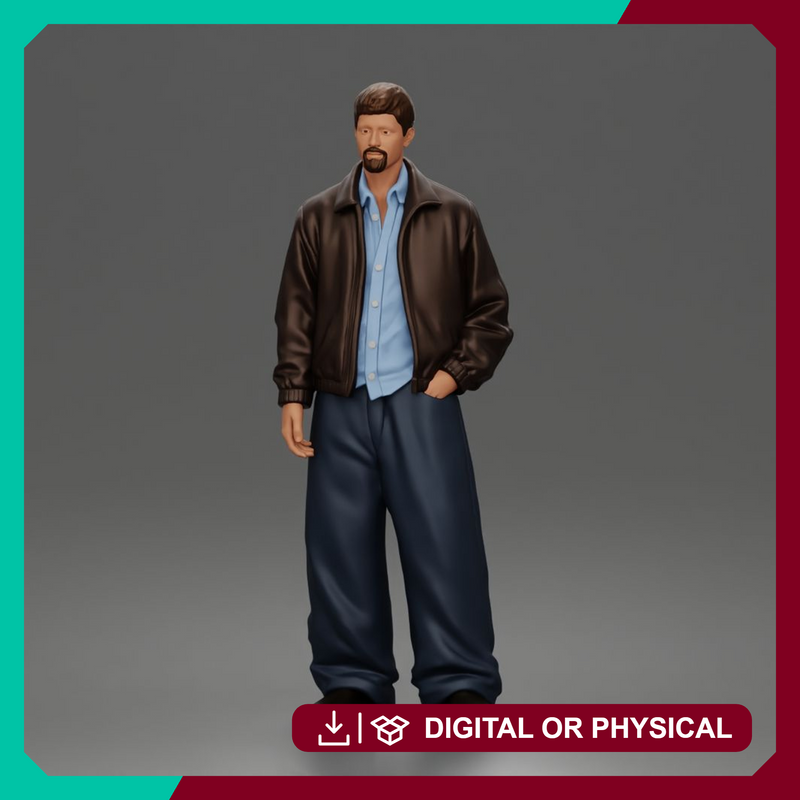 Standing In Leather Jacket Button Shirt Loose Trousers And Shoes