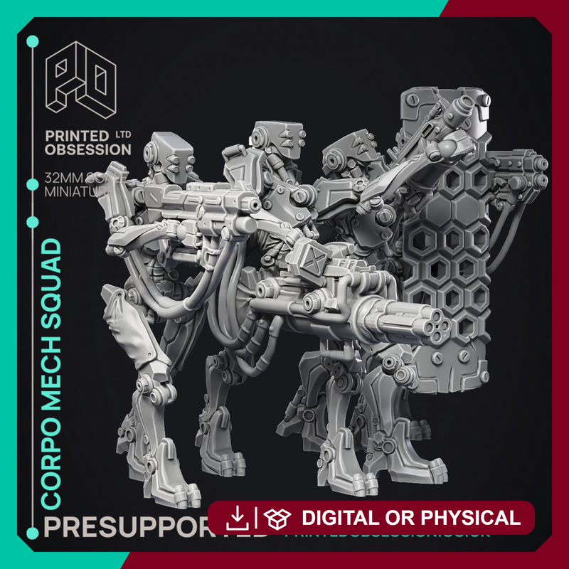 Corprate Mech Squad - 4 Cyberpunk Models - PRESUPPORTED - 32mm scale