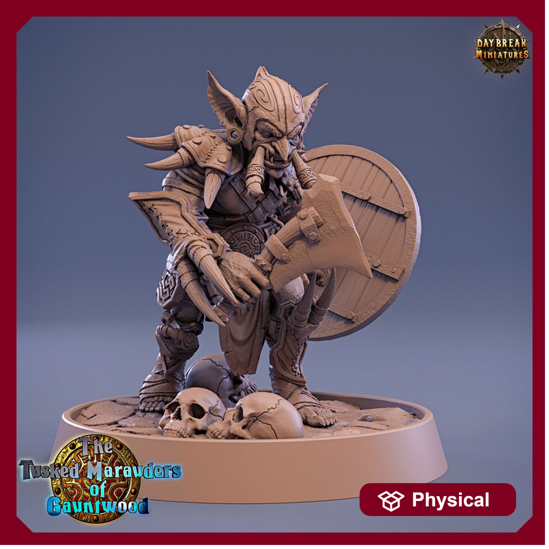 Tusked Goblin Axe & Shield Fighter | DnD Miniatures | Dungeons and Dragons | 28mm, 32mm, 75mm scale| Unpainted Figure| Daybreak Miniatures - Only-Games