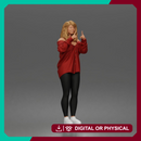 woman pointing upward wearing off shoulder shirt leggings sneakers