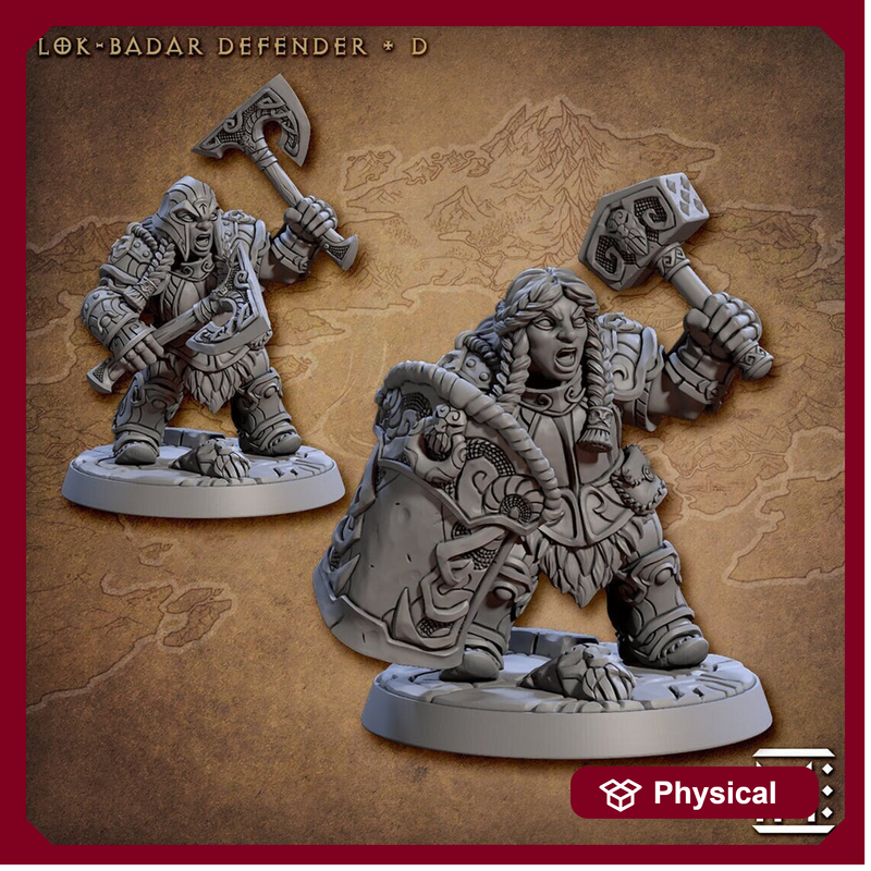 Female Fighter Cleric Dwarf with Hammer & Axes, Helm, Shield | 28mm, 32mm, 54mm, 75mm Scale Miniature | Dungeons and Dragons | Artisan Guild - Only-Games