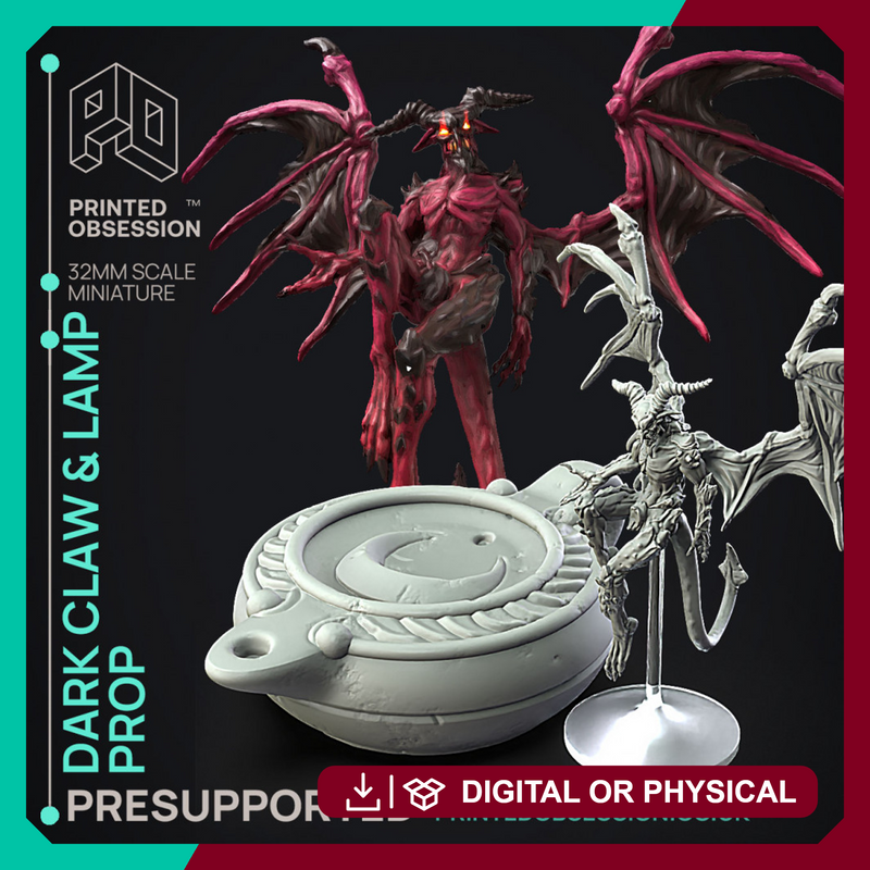 Dark Claw Demon & Lamp - Prop & Miniature -  PRESUPPORTED - Illustrated and Stats - 32mm scale - Only-Games