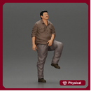 Fat Asian man looking upward in shirt and pants with one leg placed on a step