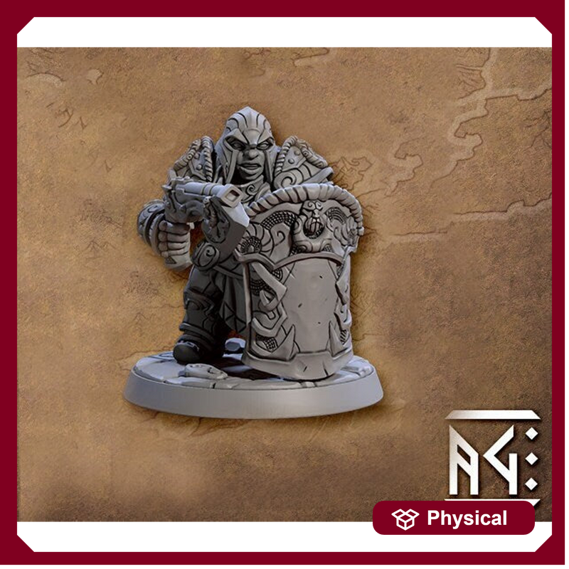Female Dwarf Fighter Cleric with Axegun & Tower Shield, Helm | 28mm, 32mm, 54mm, 75mm Scale Miniature | Dungeons and Dragons | Artisan Guild - Only-Games