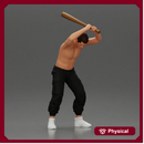 gangster holding a baseball bat while biting someone on the floor