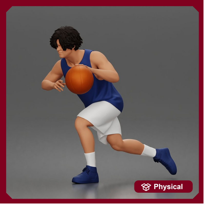 Basketball player drives forward dribbling ball wearing sleeveless jersey shorts socks sneakers