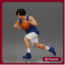 Basketball player drives forward dribbling ball wearing sleeveless jersey shorts socks sneakers