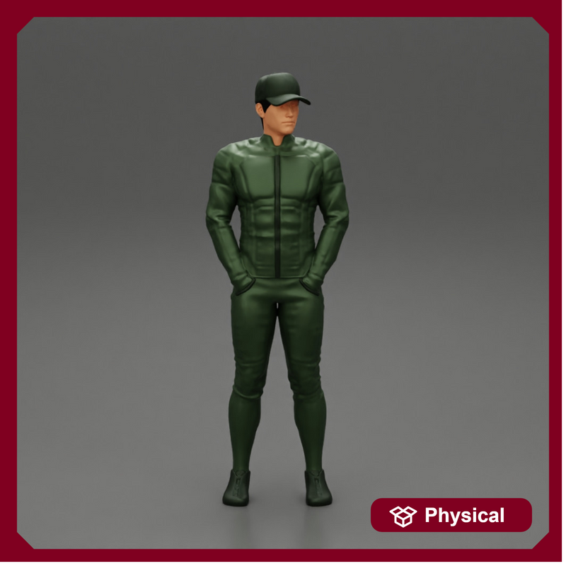 motorbiker standing with his hands in pocket
