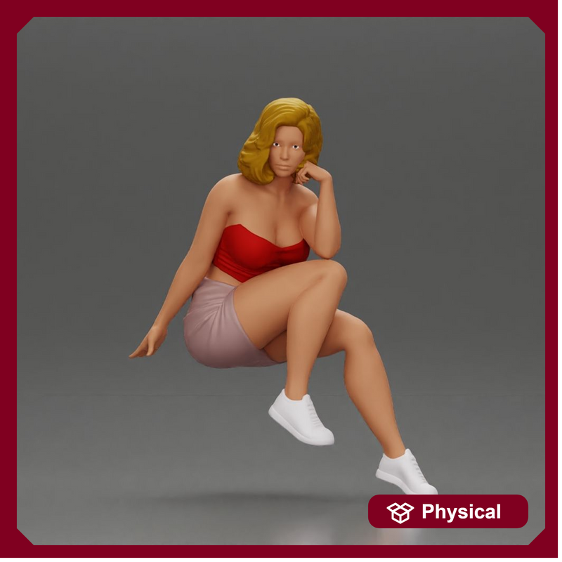 Confident Blonde Woman Sitting Gracefully in Red and Pink