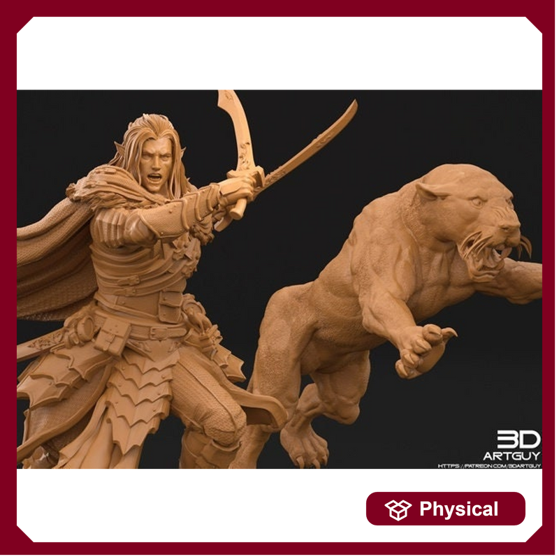 Famous Dark Elf Ranger and Magical Panther  | 28mm, 32mm Scales also 50mm and 100mm| Dungeons and Dragons| Pathfinder |3dArtGuy - Only-Games