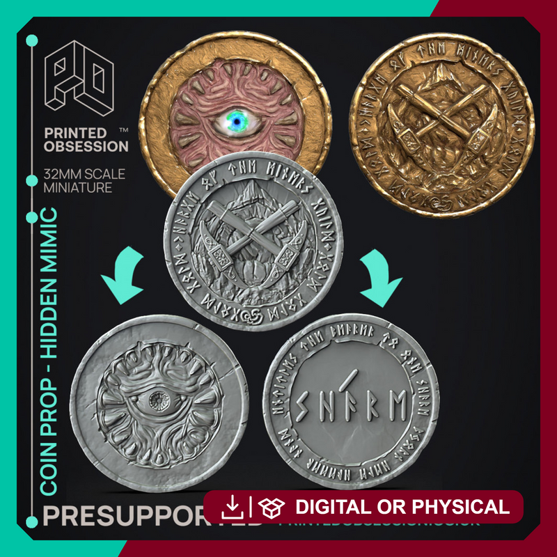Mimic Coin - Prop -  PRESUPPORTED - Illustrated and Stats - 32mm scale - Only-Games