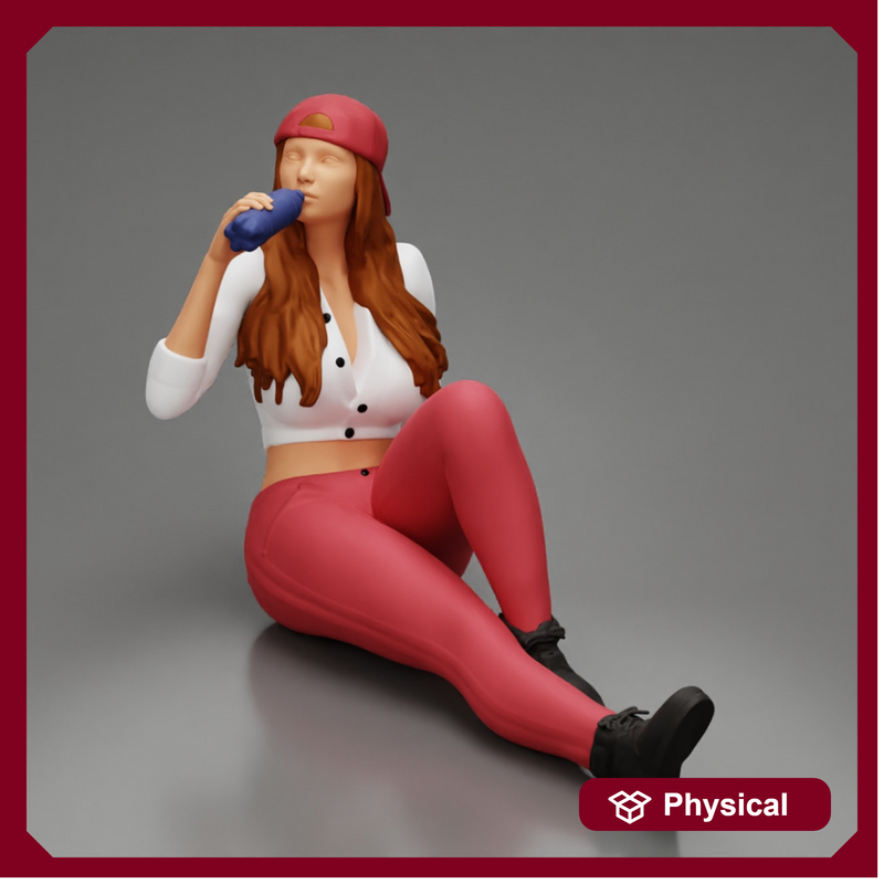 Tired woman mechanic in shirt pants and backwards cap sitting and drinking water during from bottle