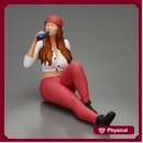 Tired woman mechanic in shirt pants and backwards cap sitting and drinking water during from bottle