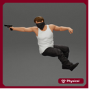 A masked gangster man riding in a car and holding a gun