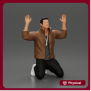 Asian gangster man in jacket sitting with his hands up ready to be arrested