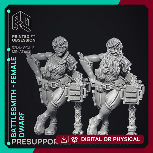 Battlesmith - Artificer- Female Dwarf - PRESUPPORTED - 32mm Scale - Only-Games