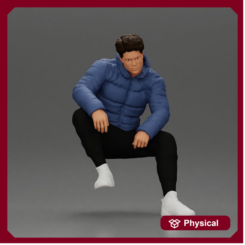 Street performer crouching low in blue puffer jacket athletic stance sitting