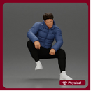 Street performer crouching low in blue puffer jacket athletic stance sitting