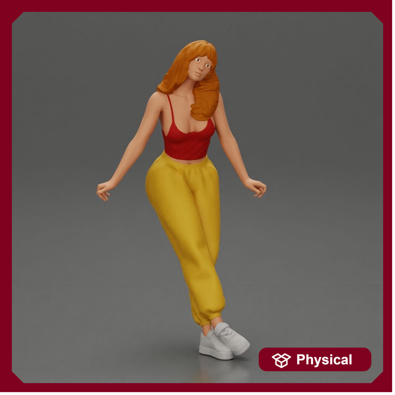Woman sitting on car in red top yellow pants striking playful pose