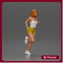 Woman with short hair wearing white top and yellow shorts running