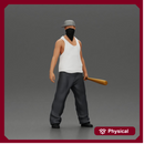 Gangster Man in streetwear posing with a bat and face mask