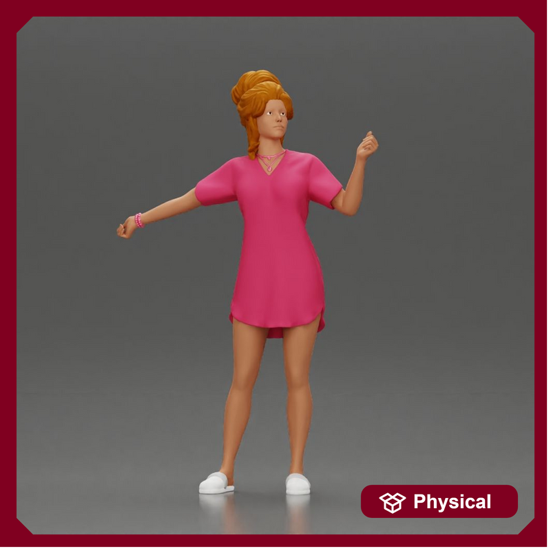 Woman in pink dress dancing joyfully with raised arms sideways