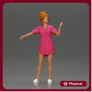 Woman in pink dress dancing joyfully with raised arms sideways