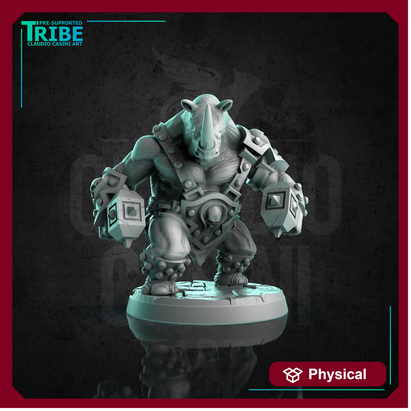 (0263) Male rhinoceros folk barbarian warrior with two hammers