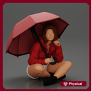 Pretty Girl with an Umbrella in Jacket and Shorts Sitting