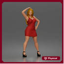 Standing woman touches hair in sleeveless mini dress platform heels
