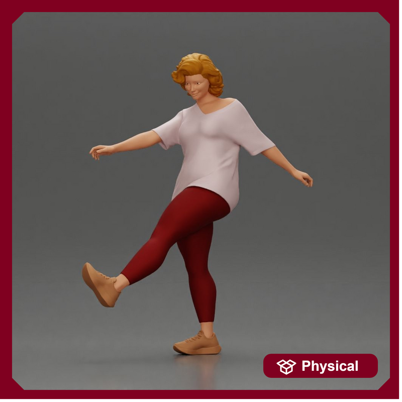 Woman in casual outfit joyfully kicks her leg with energy