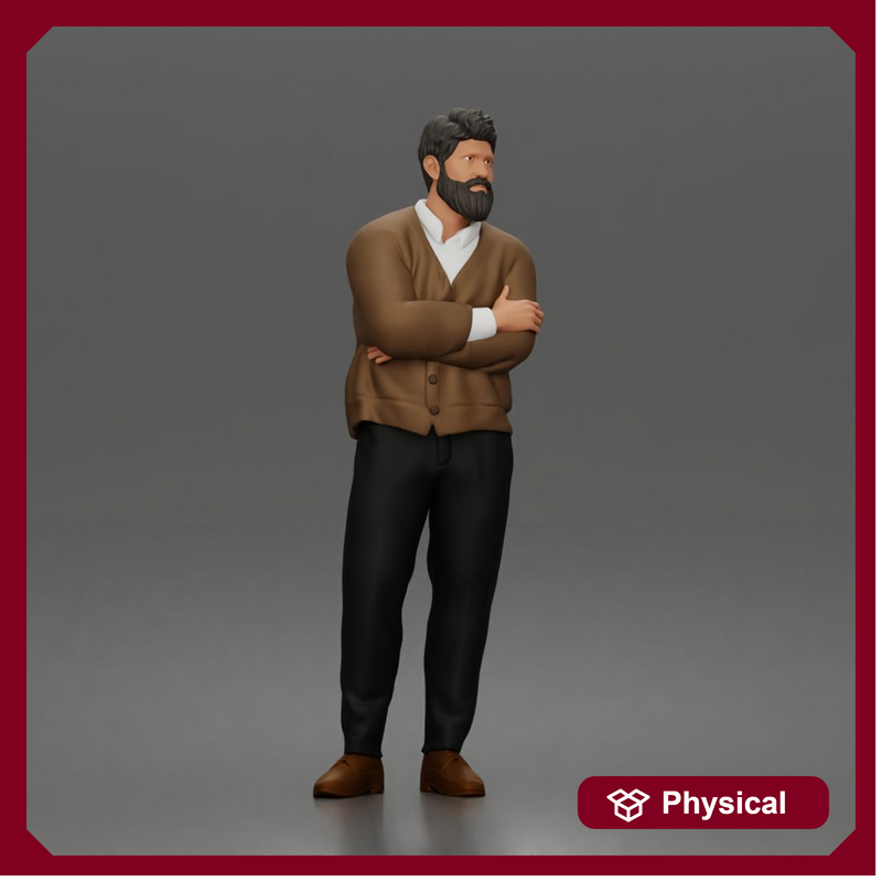 Man Standing Calmly in Casual Cardigan and Dress Pants