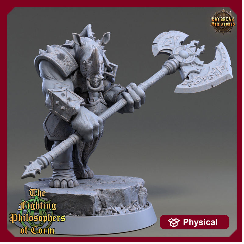 Rhinokin, Rhino-folk Warrior  Scales: 28mm, 32mm,54mm,75mm | D&D 5e Megaboss | Dungeons and Dragons | Pathfinder | Daybreak Miniatures - Only-Games