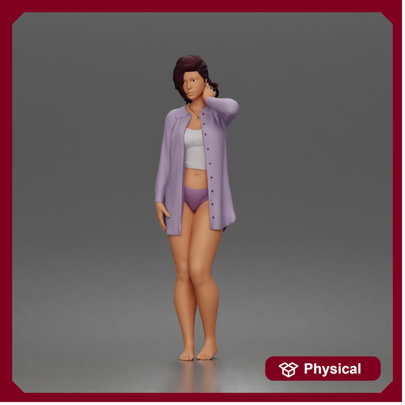 Relaxed morning woman character standing pose in open shirt loungewear outfit