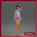 Relaxed morning woman character standing pose in open shirt loungewear outfit