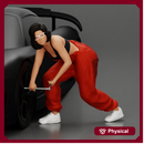 Girl mechanic in overalls turns off the front wheel of  car with a key for removing the wheel