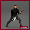 Rock man play white bass guitar in leather jacket  with long hair and beard