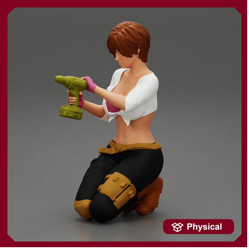 Repair woman sitting and holding a drill