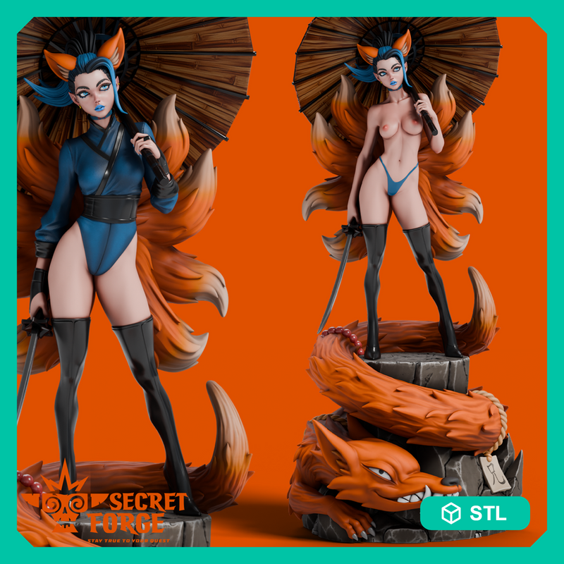Demon Fox Form - Luna - Beauties & Beasts: Raised by Dragons, Kitsune Assassin, Female Ninja Warrior with Parasol, Katana and Fox Tails