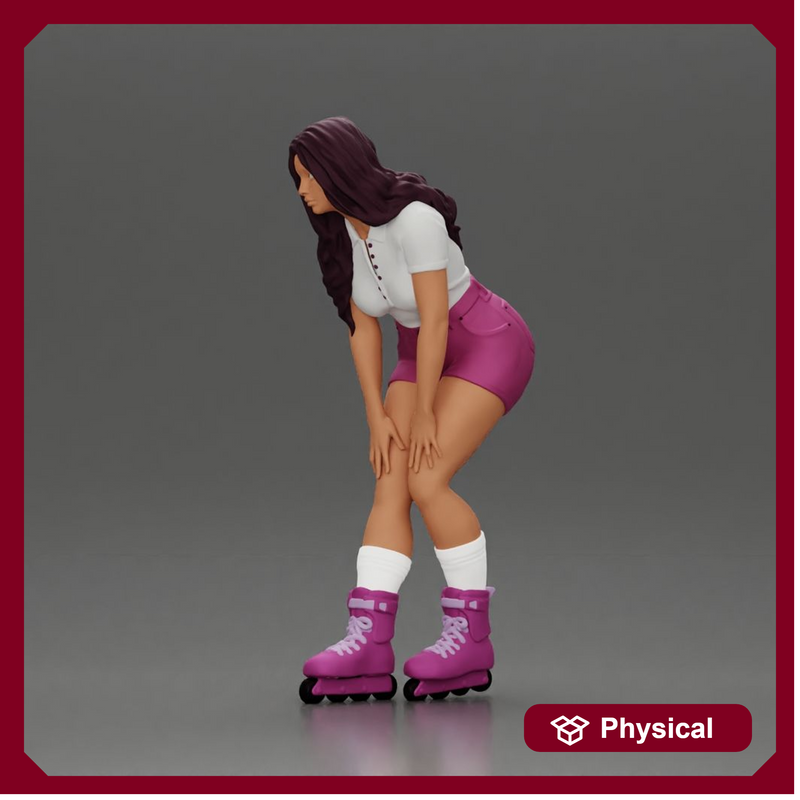 woman skating forward in pink shorts white top and purple skates