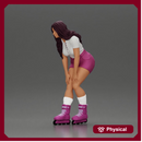 woman skating forward in pink shorts white top and purple skates