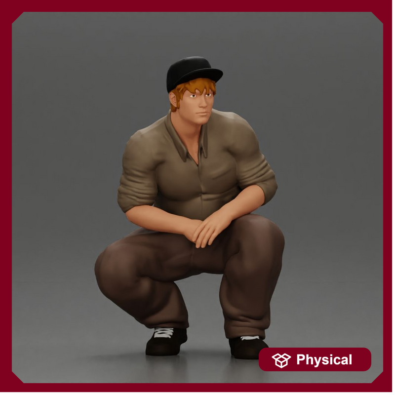 Gangster man crouching in a relaxed pose wearing casual clothing and cap