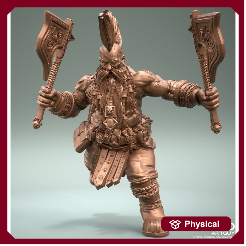 Dwarf Fighter Barbarian Two Axes Unpainted Figure | 28mm, 32mm,54mm,75mm,100mm Scales | Dungeons and Dragons Pathfinder | 3DArtGuy - Only-Games