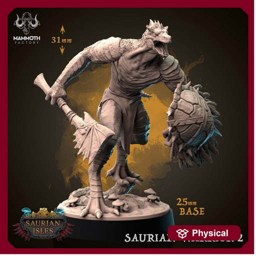 Lizardfolk Lizardman Warrior | 28mm, 32mm,75mm Scales | Dungeons and Dragons | Unpainted Figure | Mammoth Factory - Only-Games