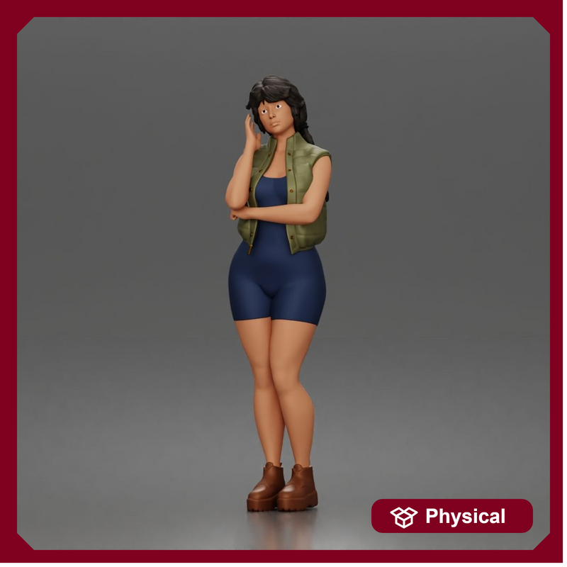 Thoughtful woman stands hand on cheek wearing vest shorts boots