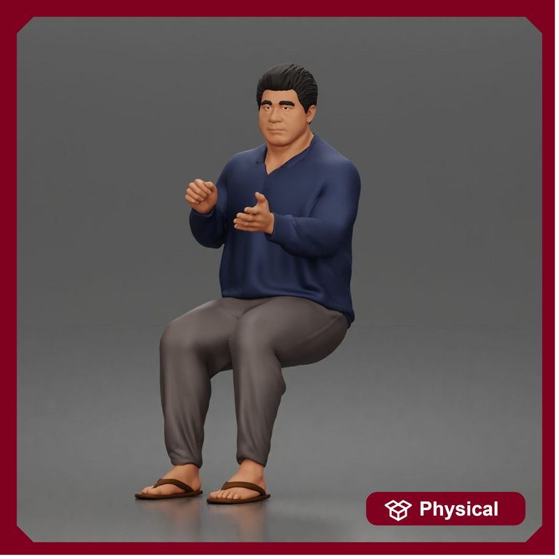 Asian Man sits gesturing while wearing casual sweater pants flip flops comfortably